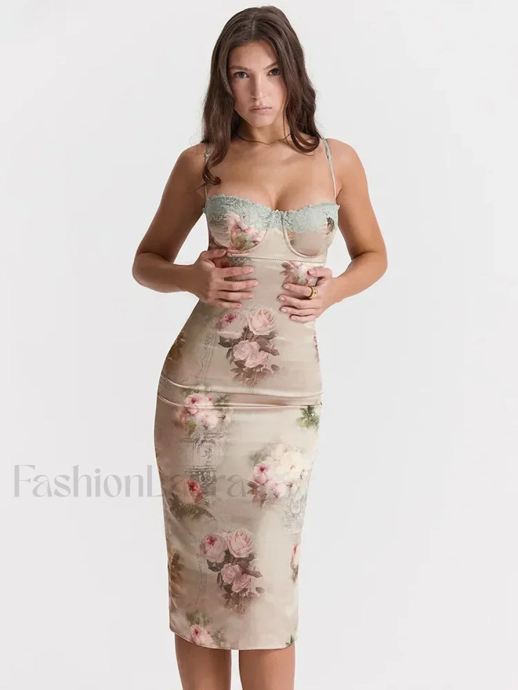 Vestido Midi Sin Tirantes con Estampado de Encaje