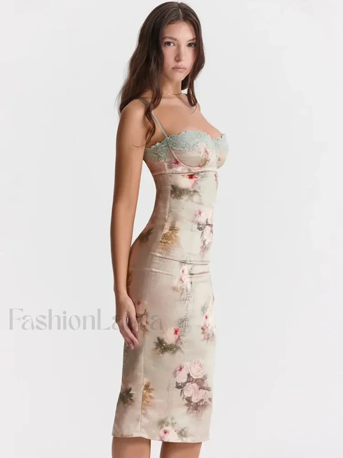Vestido Midi Sin Tirantes con Estampado de Encaje