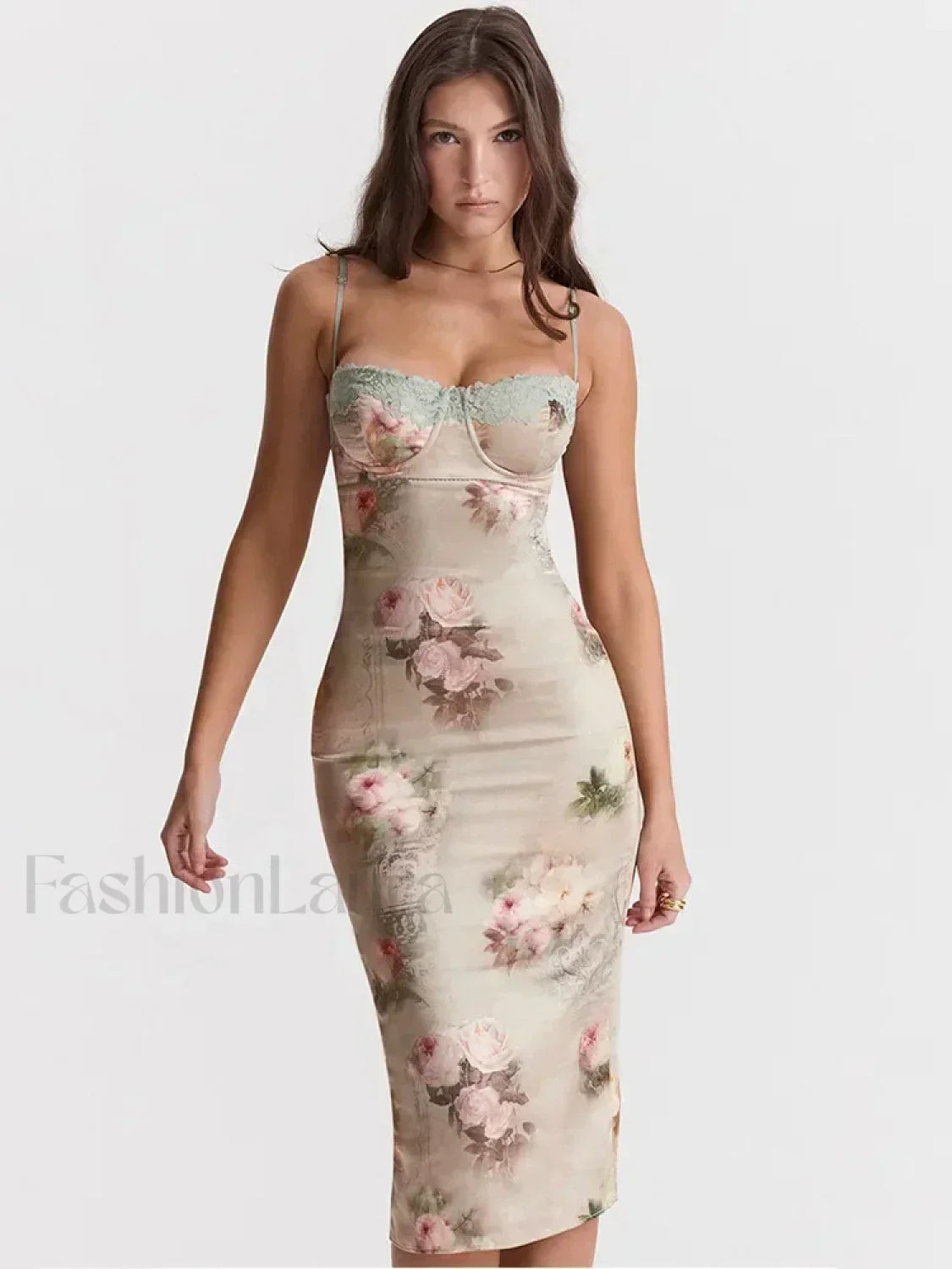 Vestido Midi Sin Tirantes con Estampado de Encaje