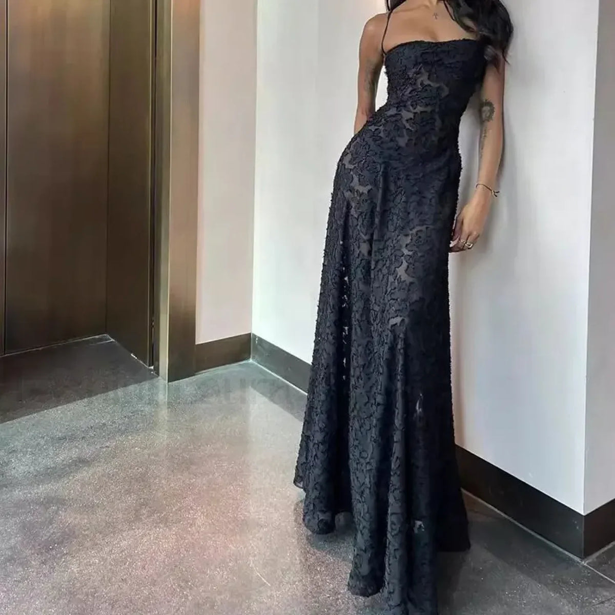 Con Cordones Negro de Gala Vestido Maxi
