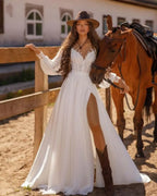 Long Sleeve V-Neck Lace Wedding Dress