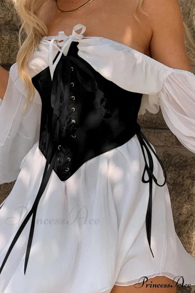Vestido fruncido corsé de hombros descubiertos con cordones