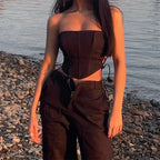 Top corto bustier corsé sin tirantes con cordones