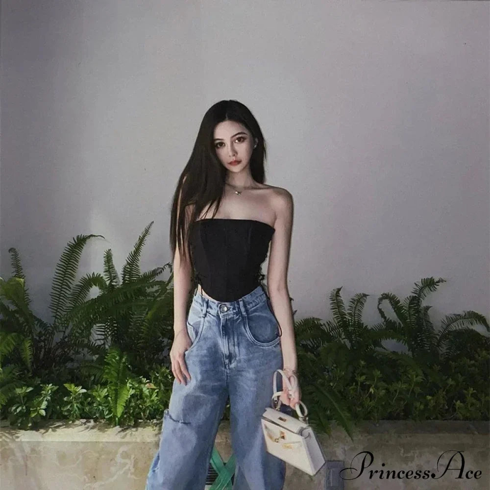 Top corto bustier corsé sin tirantes con cordones
