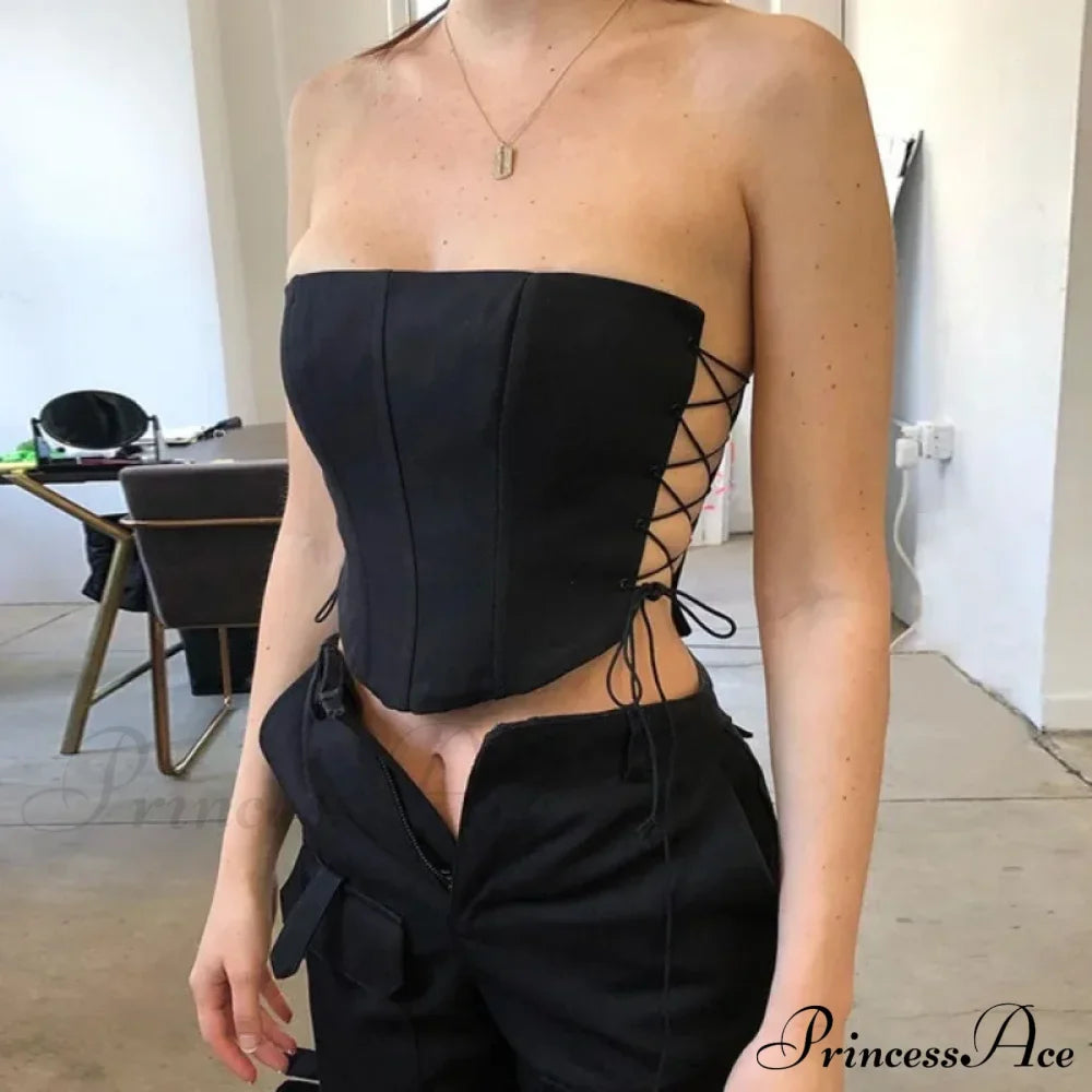 Top corto bustier corsé sin tirantes con cordones