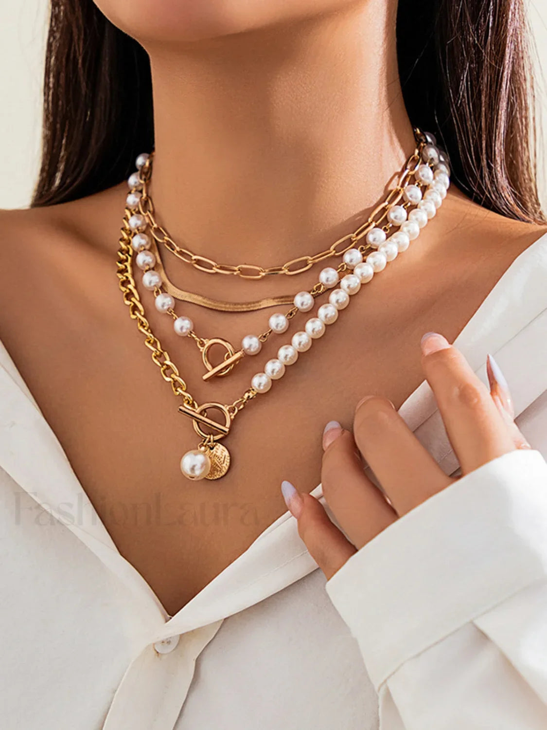 Perla Decor Con Cadena En Capas Collar