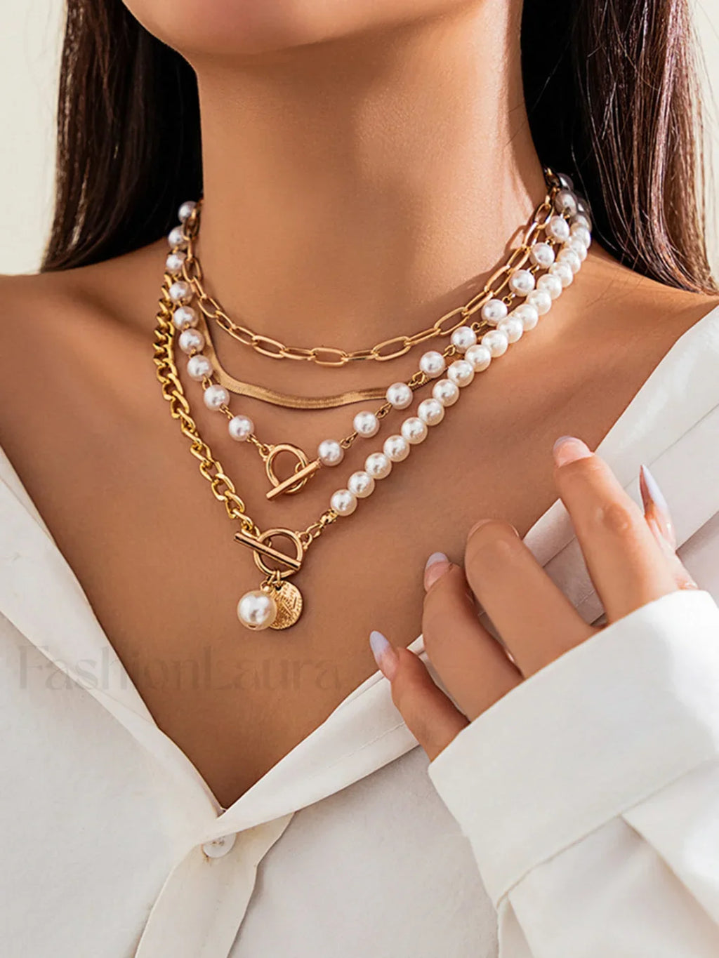 Perla Decor Elegante Con Cadena En Capas Collar