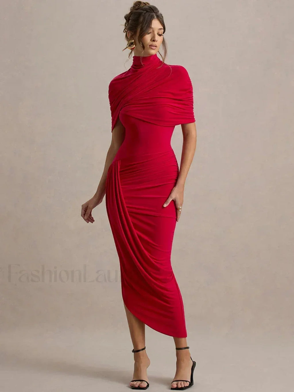Vestido Midi Fruncido con Cuello Alto