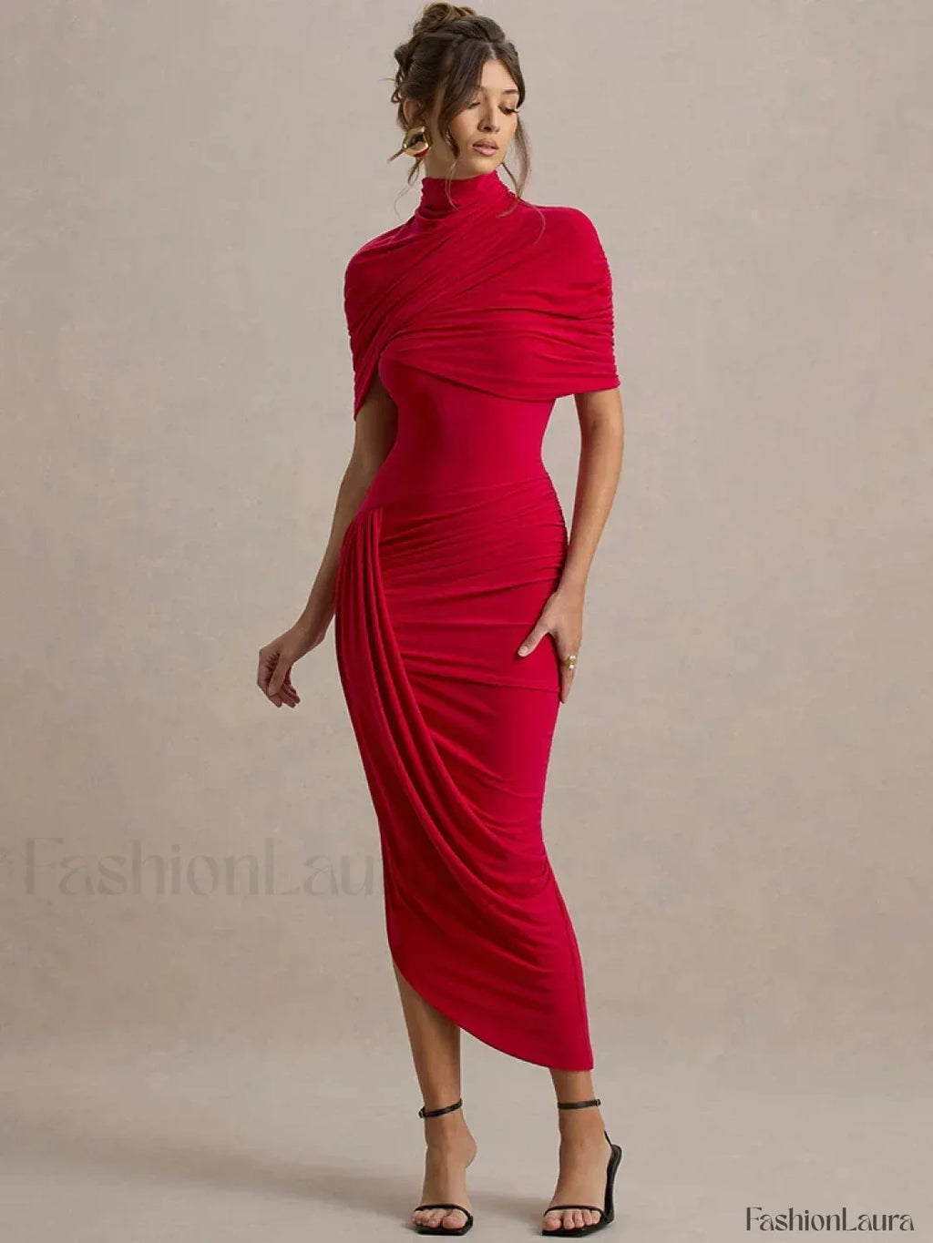 Vestido Midi Fruncido con Cuello Alto