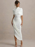 Vestido Midi Fruncido con Cuello Alto