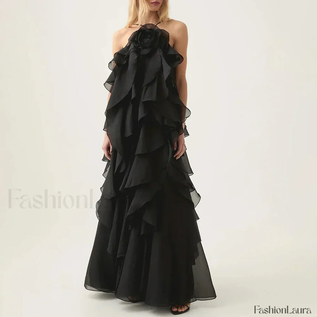 Con Volantes Flor Gasa Vestido Maxi