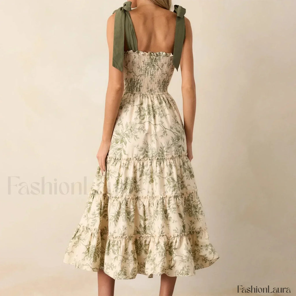 Vestido Midi con Tirantes Anchos y Volantes