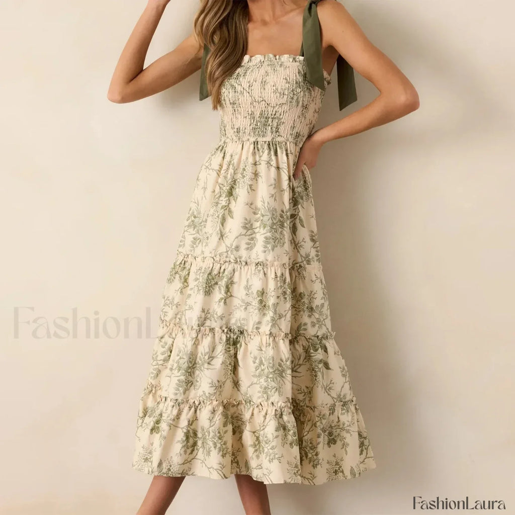 Vestido Midi con Tirantes Anchos y Volantes