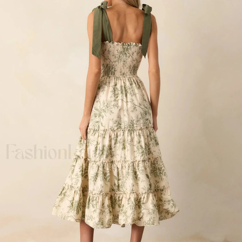 Vestido Midi con Tirantes Anchos y Volantes