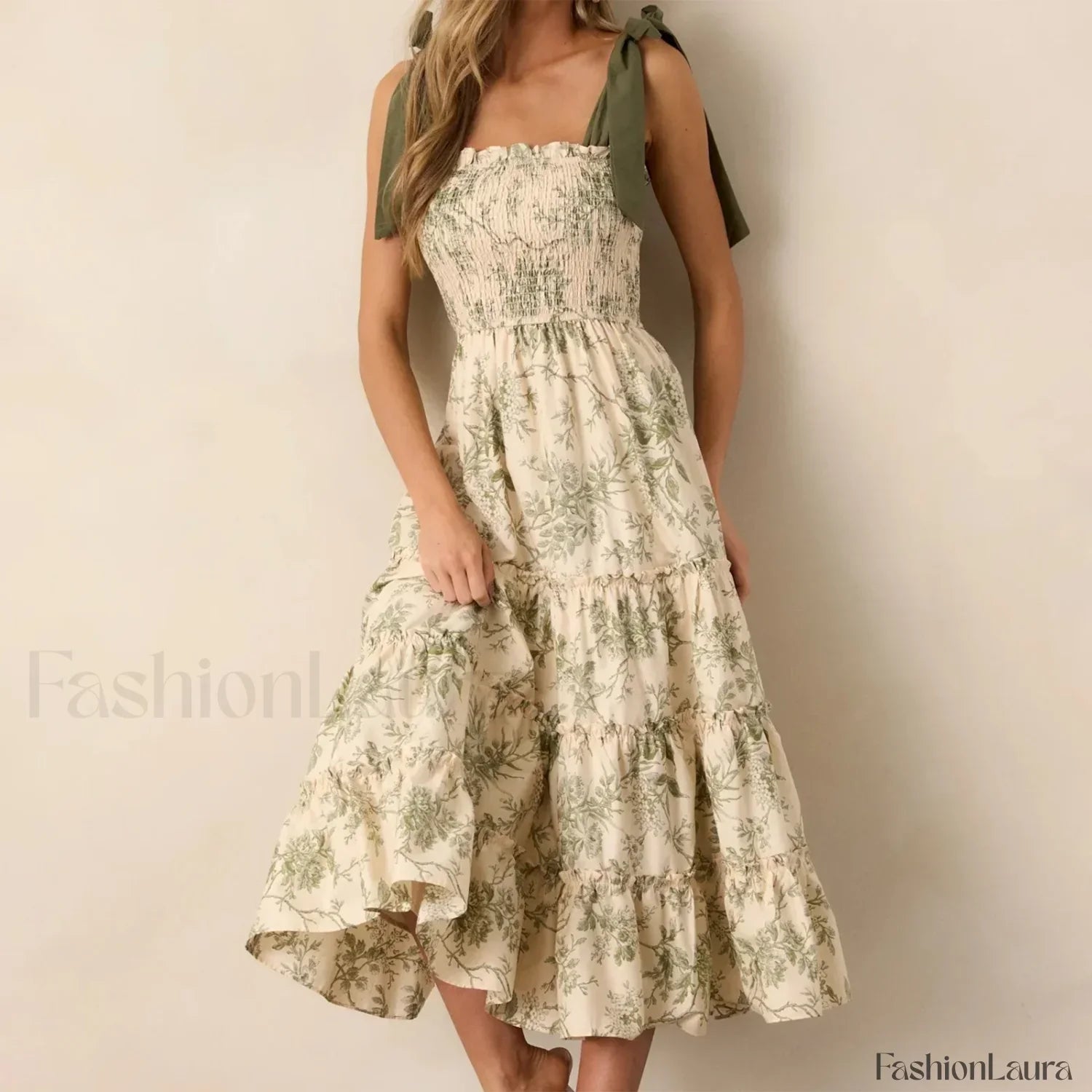 Vestido Midi con Tirantes Anchos y Volantes