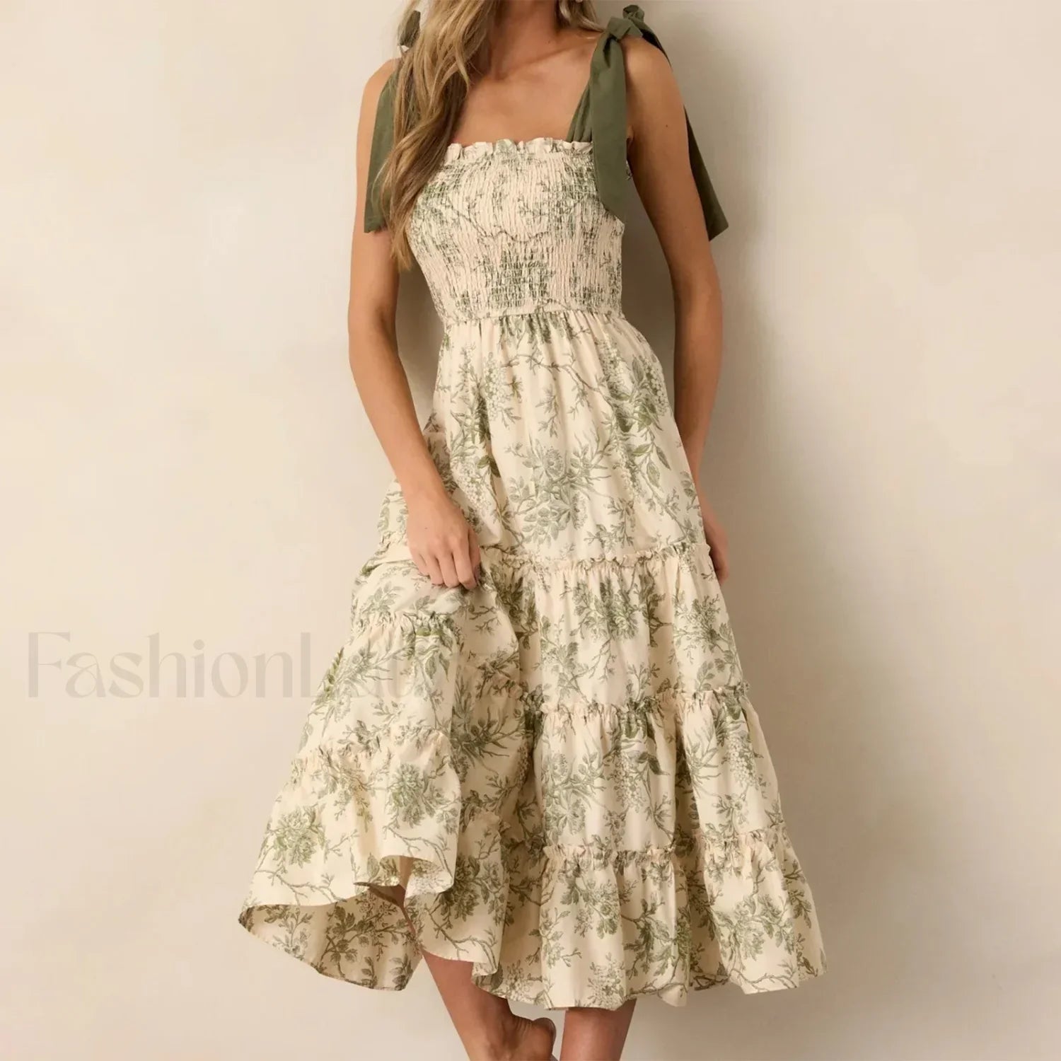 Vestido Midi con Tirantes Anchos y Volantes