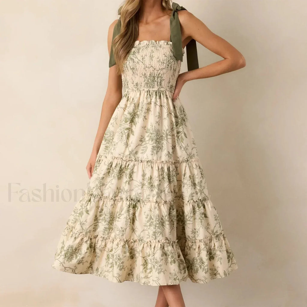 Vestido Midi con Tirantes Anchos y Volantes