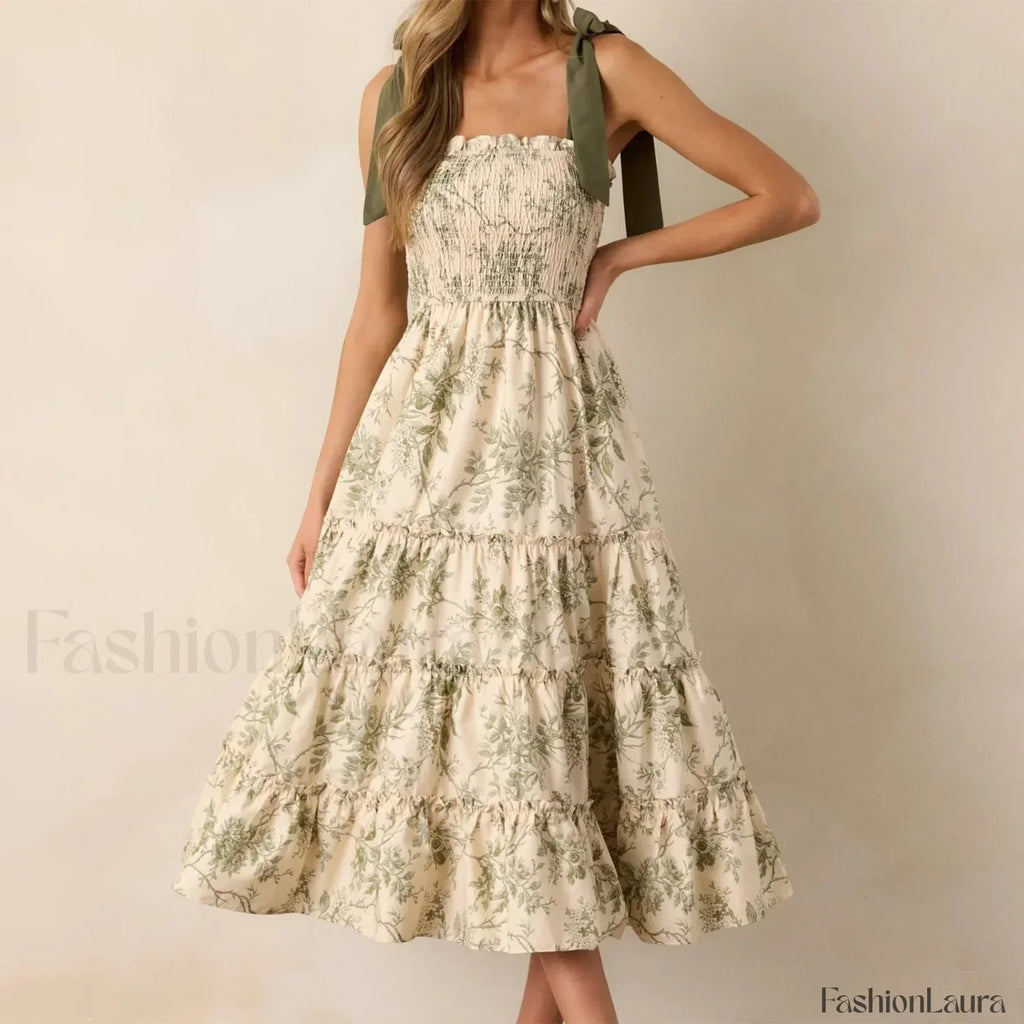 Vestido Midi con Tirantes Anchos y Volantes