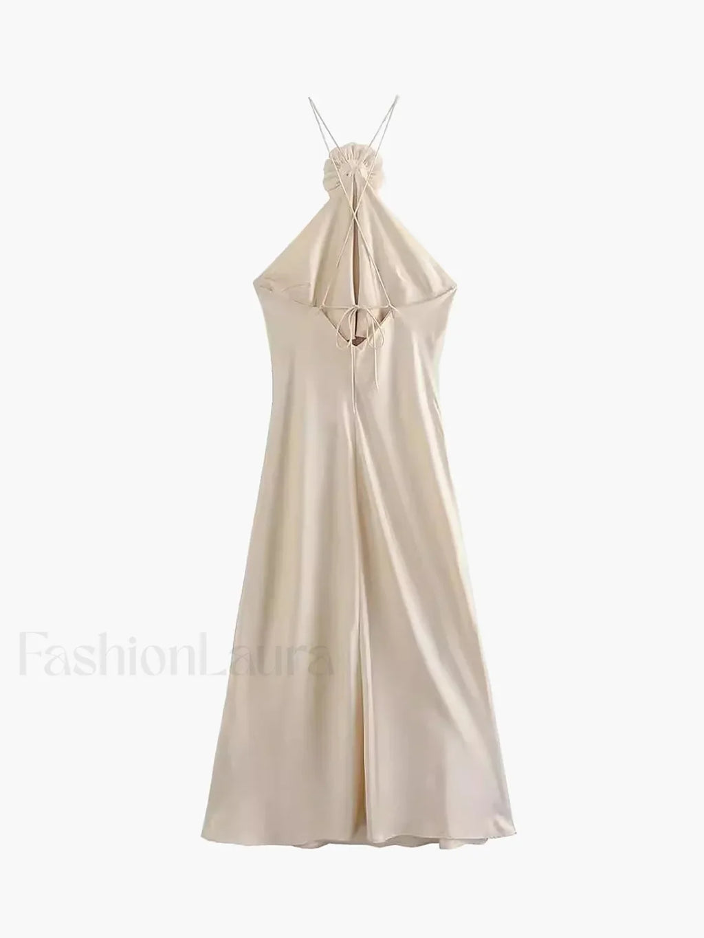 Vestido Midi Halter de Satén con Roseta Decorativa