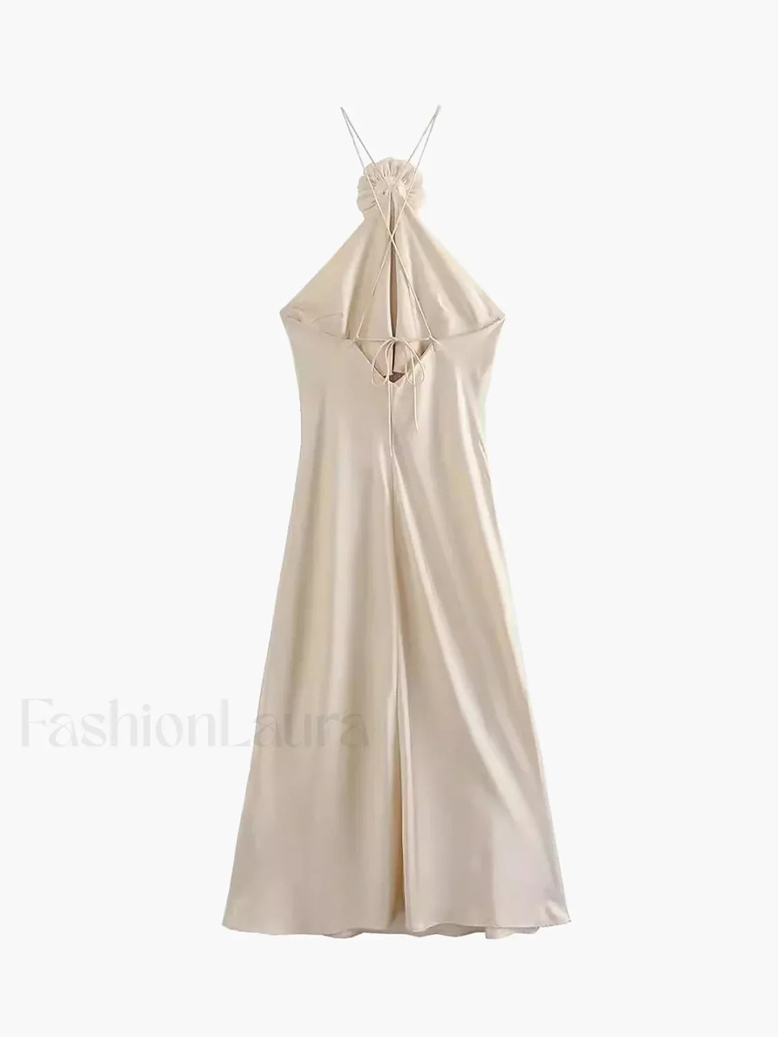 Vestido Midi Halter de Satén con Roseta Decorativa