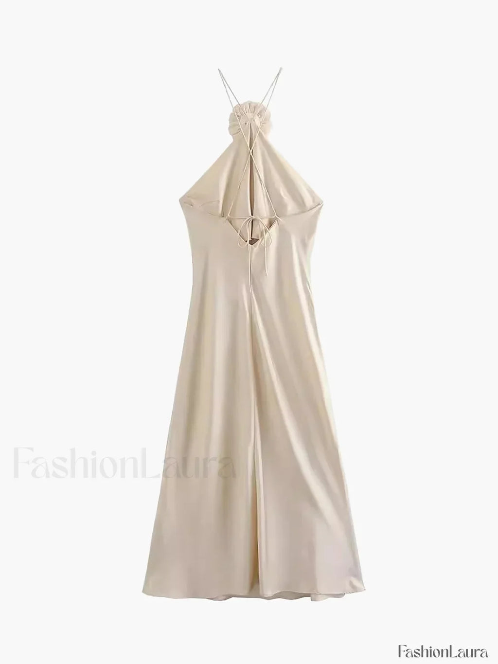 Vestido Midi Halter de Satén con Roseta Decorativa