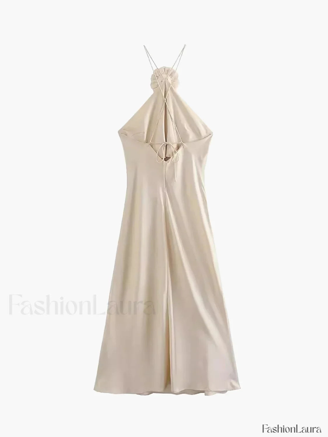 Vestido Midi Halter de Satén con Roseta Decorativa