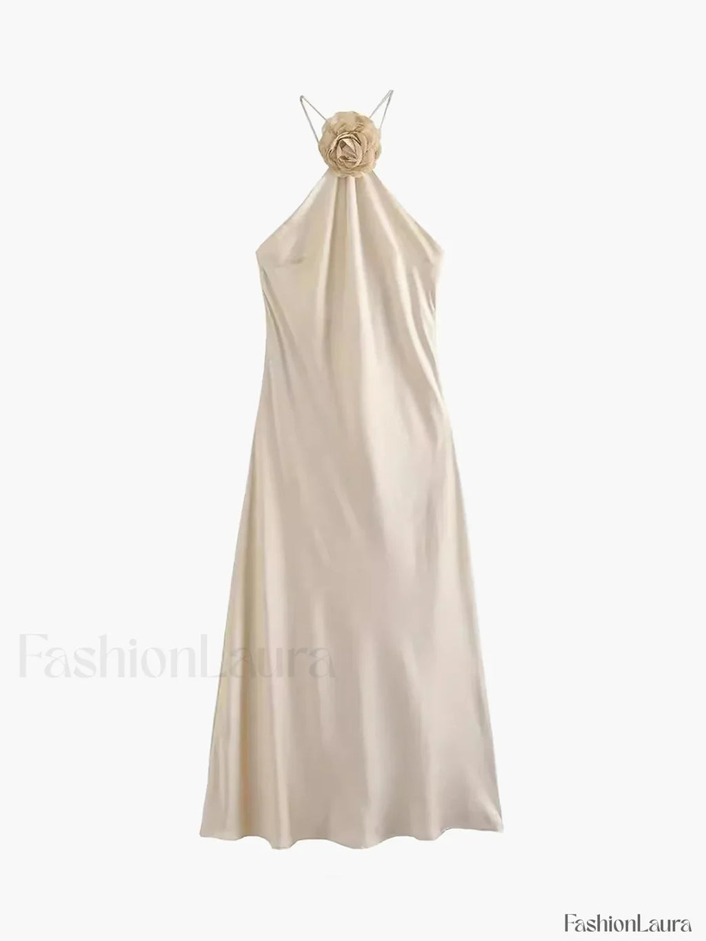 Vestido Midi Halter de Satén con Roseta Decorativa