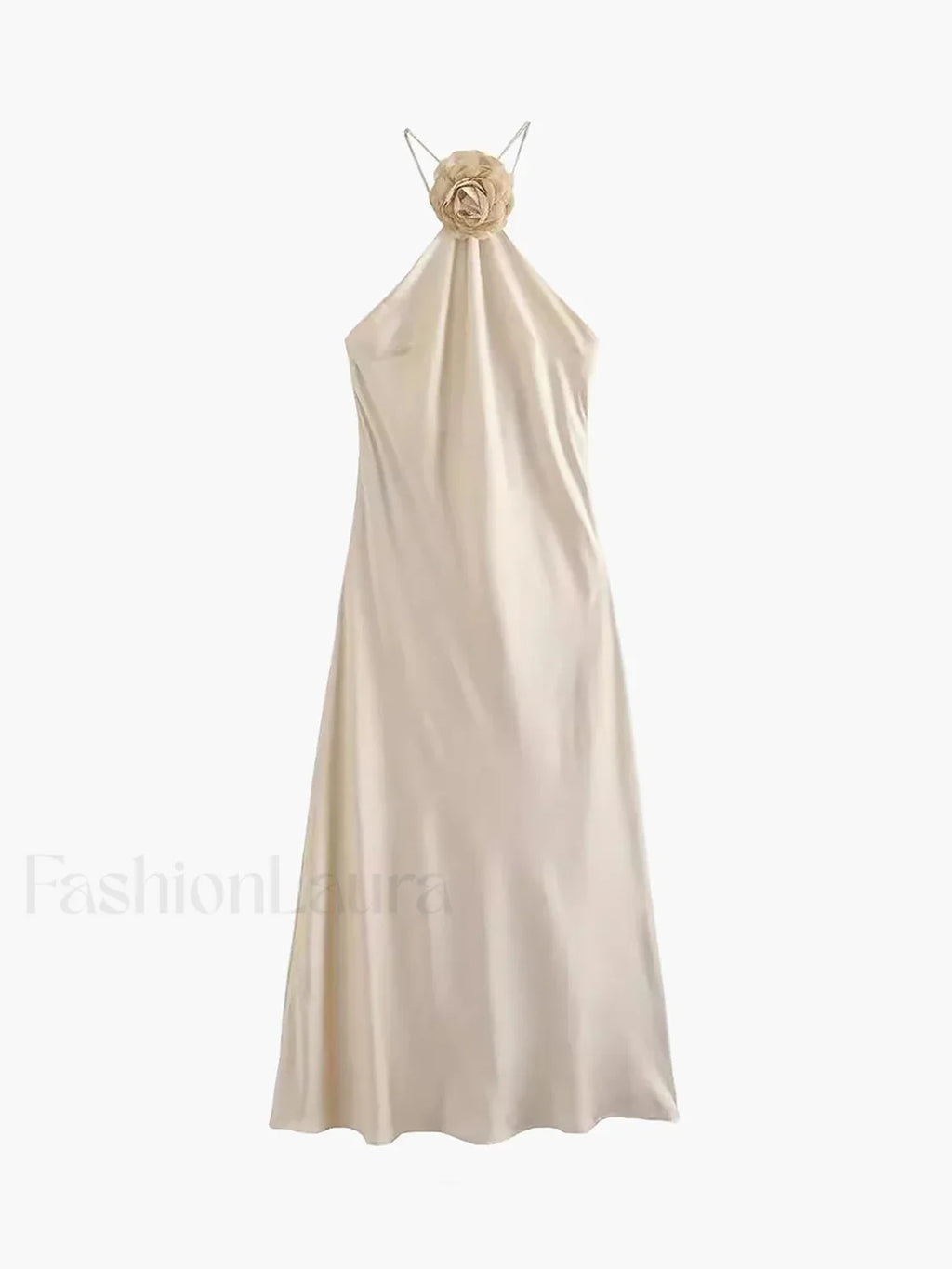 Vestido Midi Halter de Satén con Roseta Decorativa