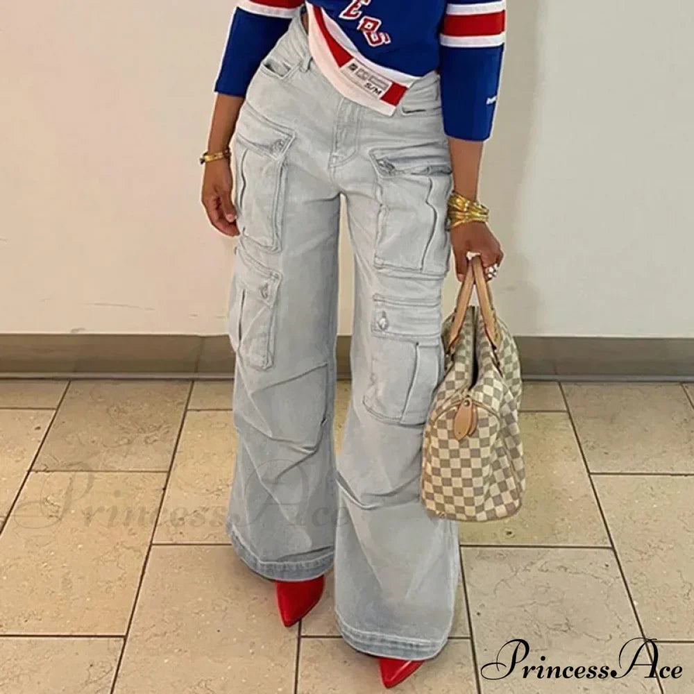Straight Casual Multi-pocket Paneled Cargo Fashion Washed Wide Leg High-waisted High Street Y2K Jean
