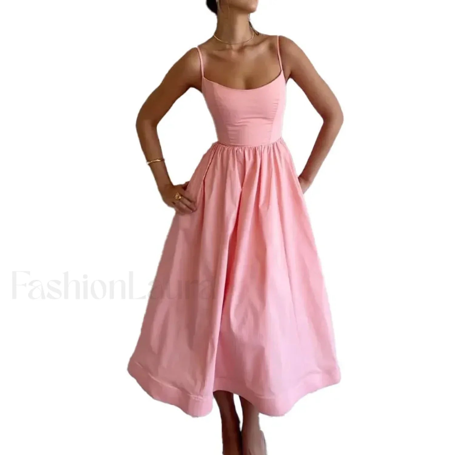 Vestido Midi Plisado, Cuello en U, Estilo Veraniego