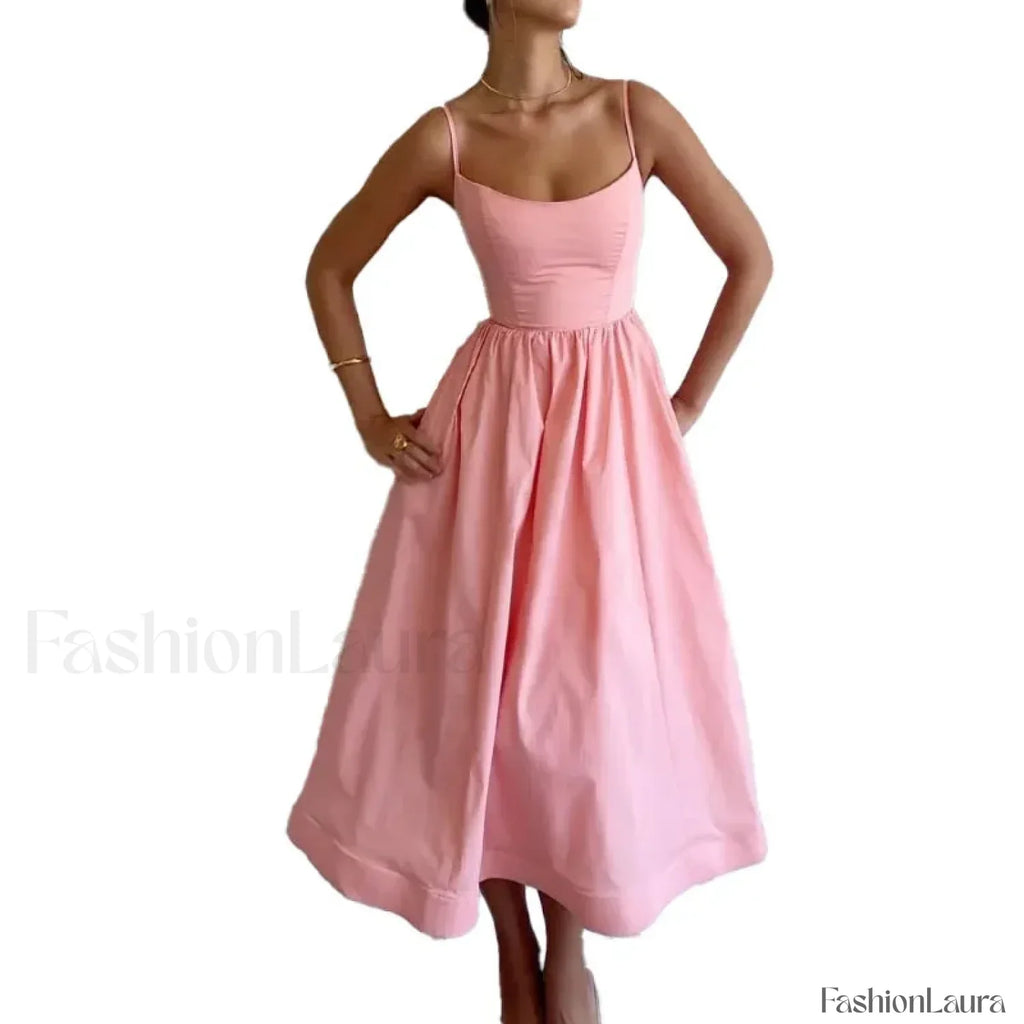 Vestido Midi Plisado, Cuello en U, Estilo Veraniego