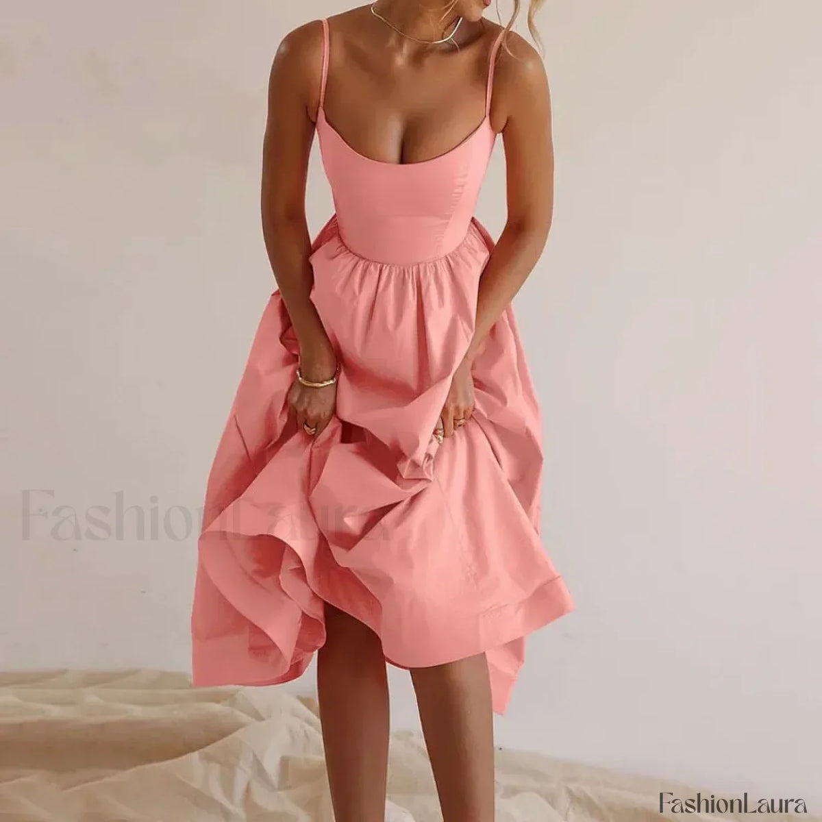 Vestido Midi Plisado, Cuello en U, Estilo Veraniego