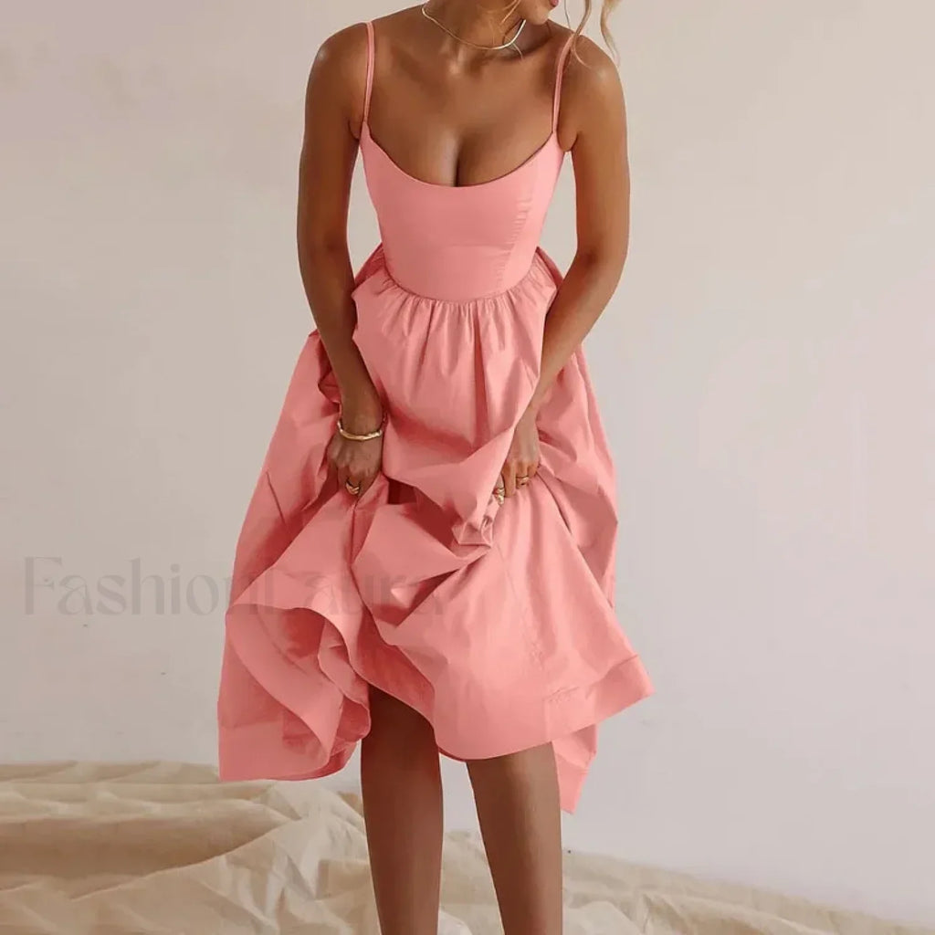 Vestido Midi Plisado, Cuello en U, Estilo Veraniego