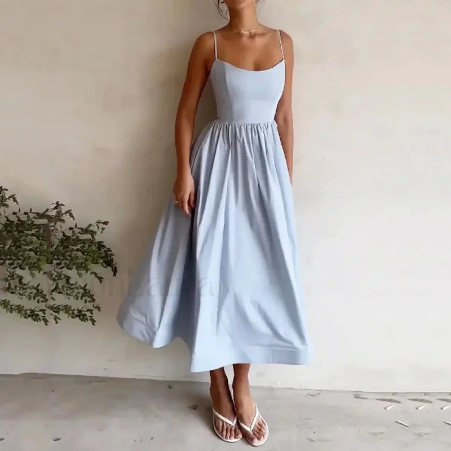 Vestido Midi Plisado, Cuello en U, Estilo Veraniego