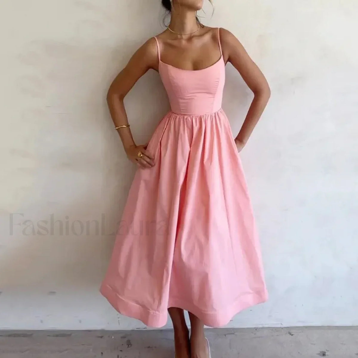 Vestido Midi Plisado, Cuello en U, Estilo Veraniego