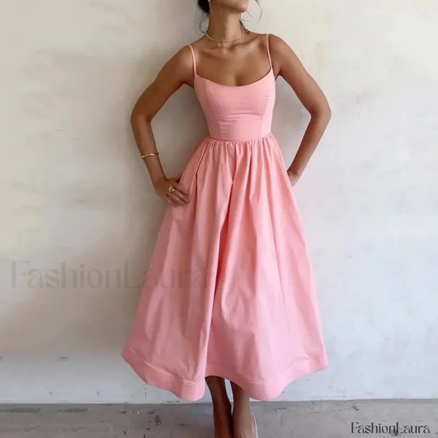 Vestido Midi Plisado, Cuello en U, Estilo Veraniego