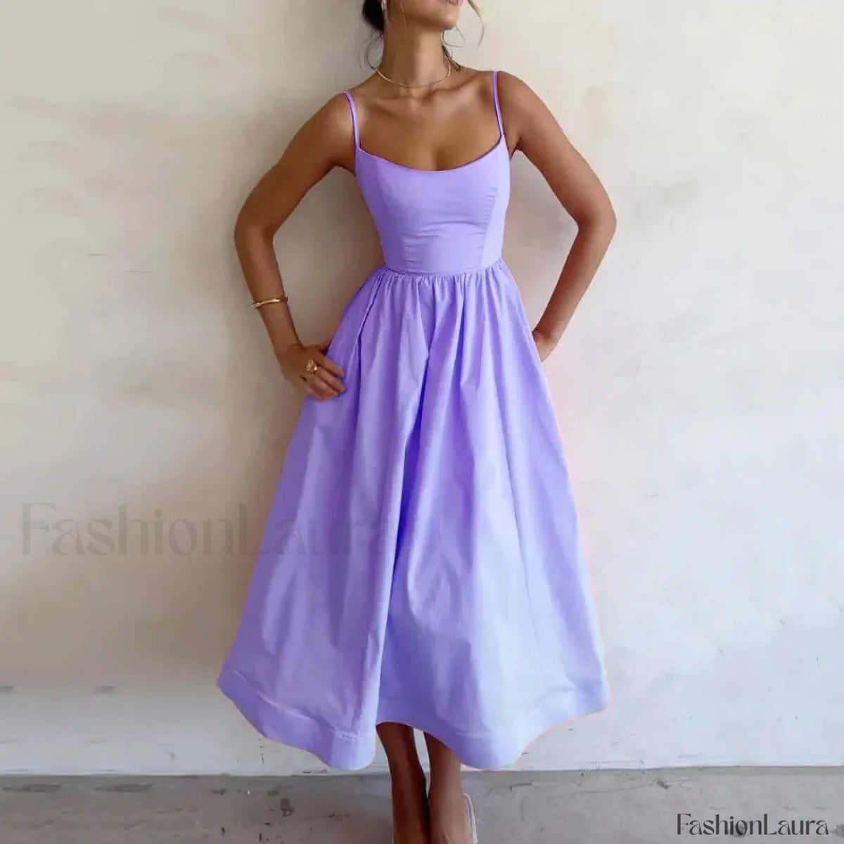 Vestido Midi Plisado, Cuello en U, Estilo Veraniego