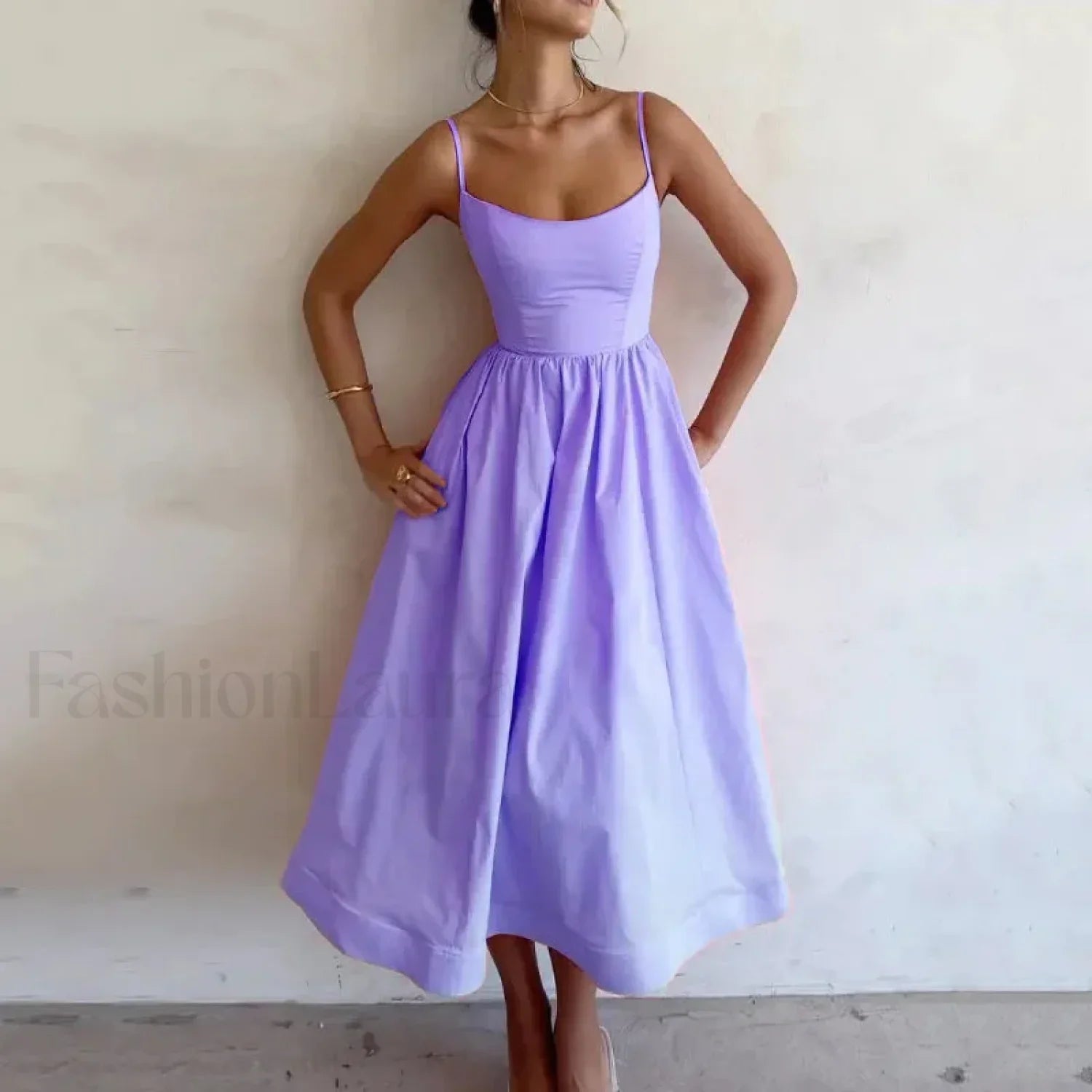Vestido Midi Plisado, Cuello en U, Estilo Veraniego