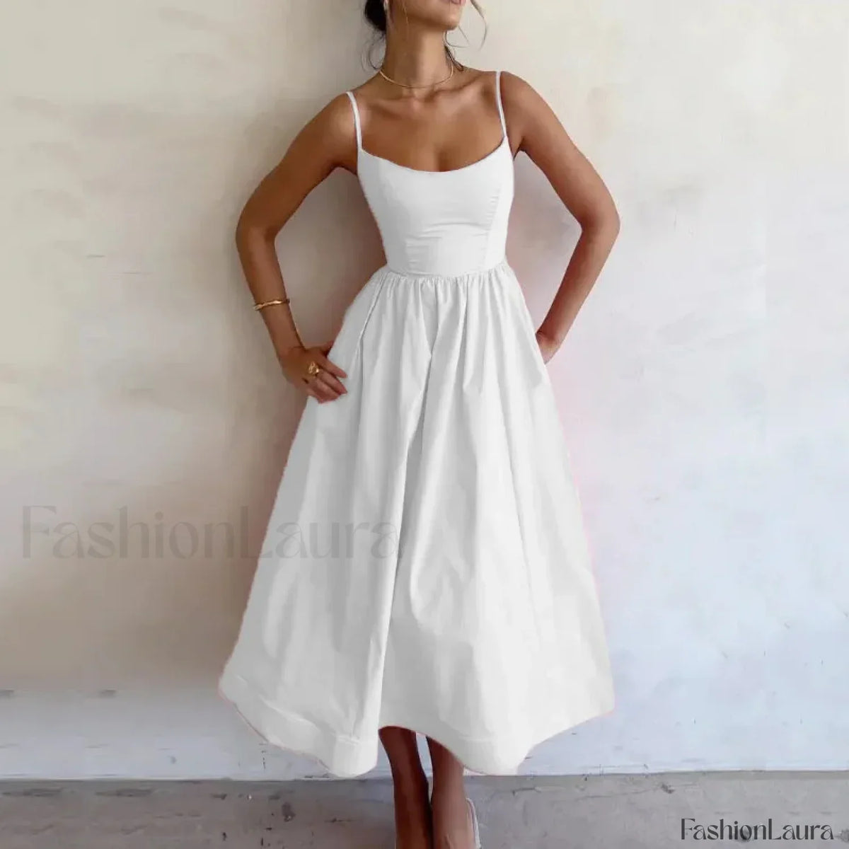 Vestido Midi Plisado, Cuello en U, Estilo Veraniego