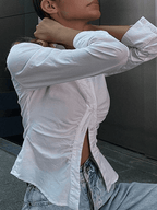 Blanco Fruncido Corto (Cropped) Manga Larga Blusa