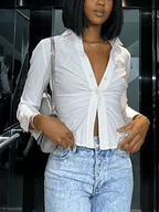 Blanco Fruncido Corto (Cropped) Manga Larga Blusa