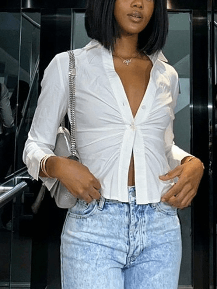 Blanco Fruncido Corto (Cropped) Manga Larga Blusa