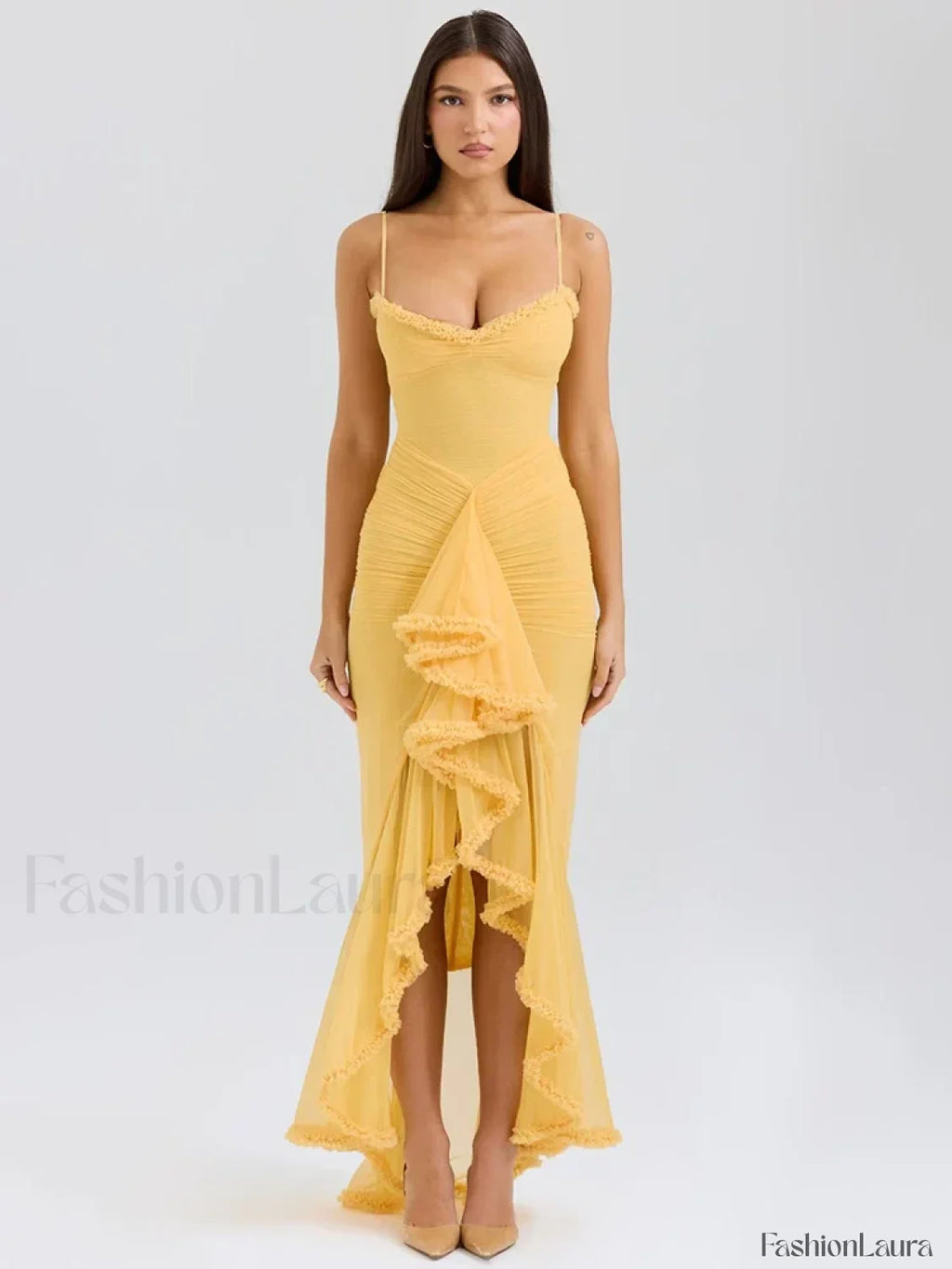 Vestido Midi Amarillo de Tiras Finas con Volantes